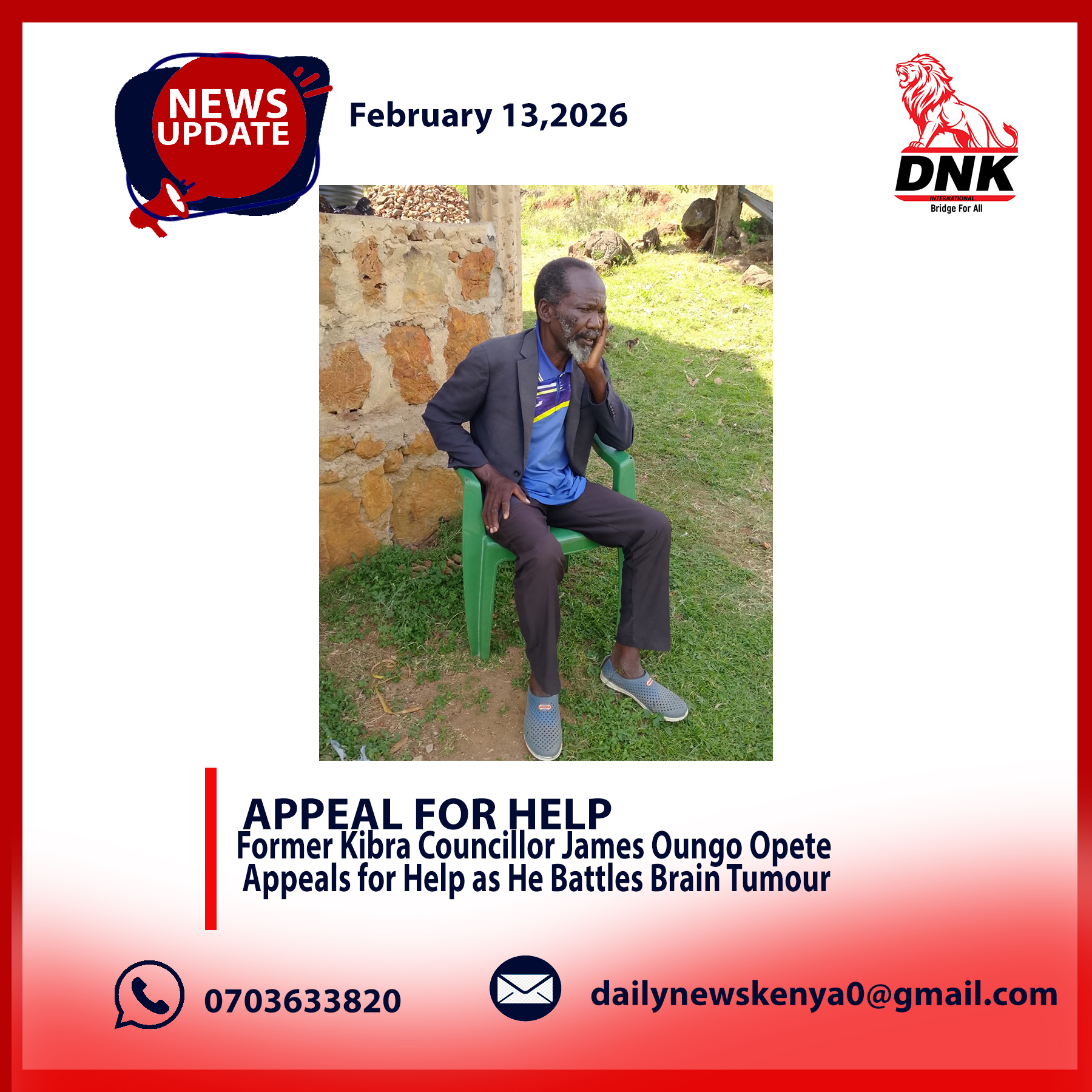 Former Kibra Councillor James Oungo Opete Appeals for Help as He Battles Brain Tumour, Seeks Support from ODM Leadership