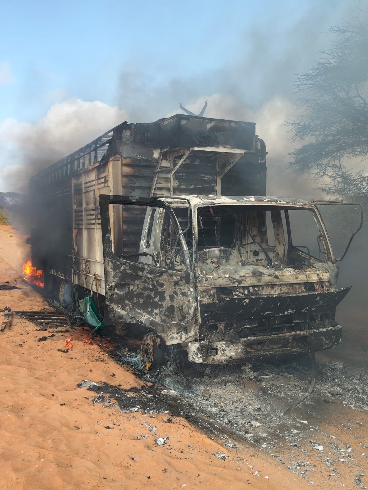 Parcel Truck Destroyed by Fire on Isiolo–Mandera Road Near Wajir